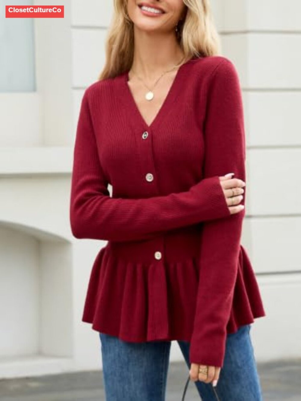 Button Down Ribbed Knit Ruffle Peplum Cardigan Sweater - Picture 4 of 5